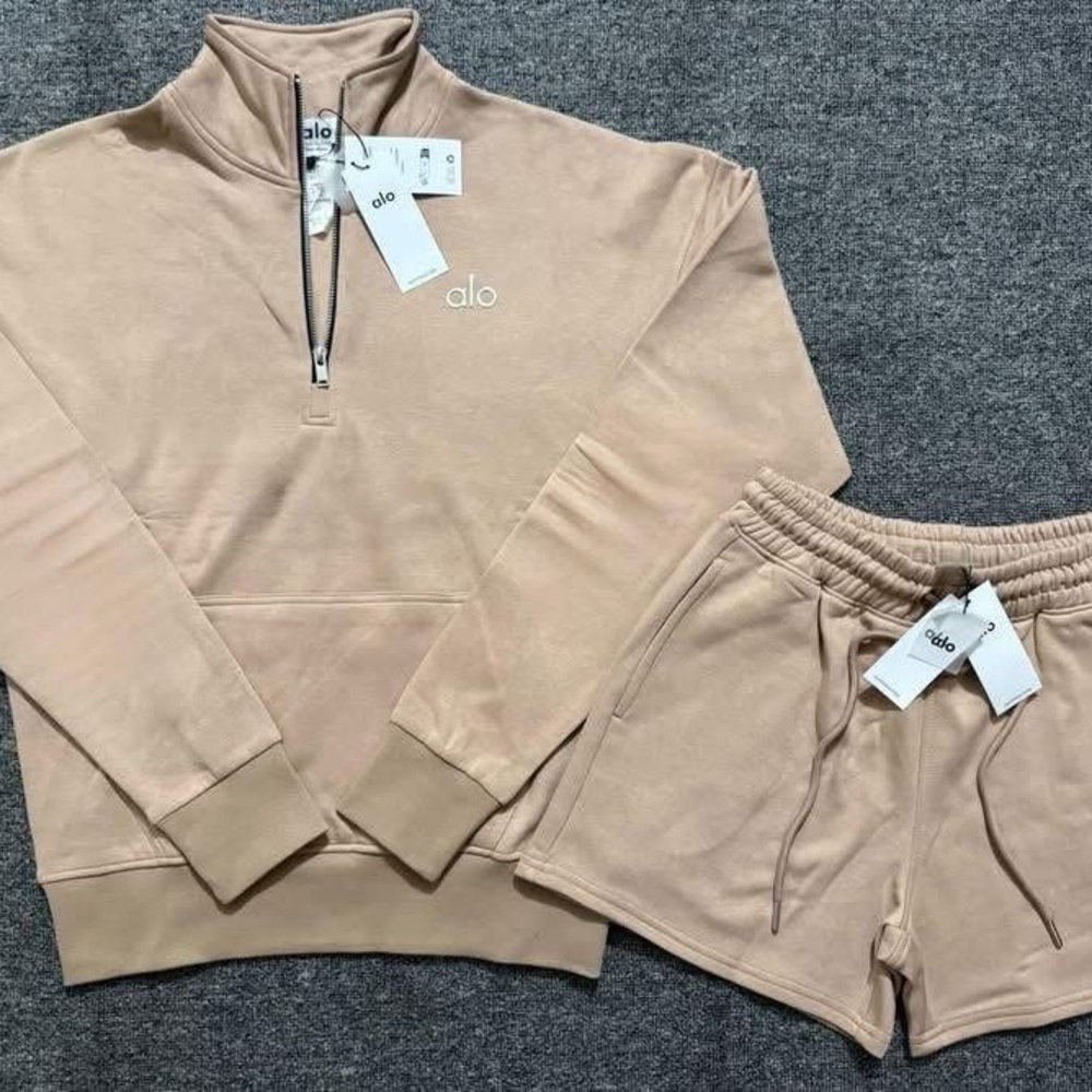 alo Beige Quarter-Zip Hoodie & Short Set